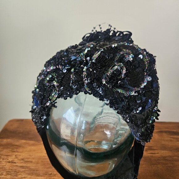 Victorian Antique 1870s 1880s Black Bonnet Jet‎ Beaded Sequins Mourning Hat main image 5